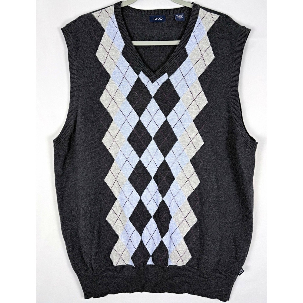 IZOD Men's XL Argyle Sweater Vest Gray Blue Cotton V-Neck Preppy Golf
